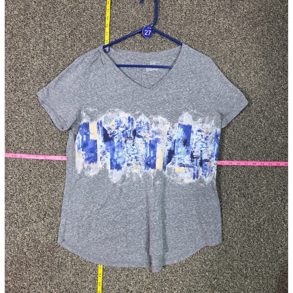 Tek Gear DryTek T-Shirt Womens L Gray Blue Abstract Graphic V-Neck Activewear